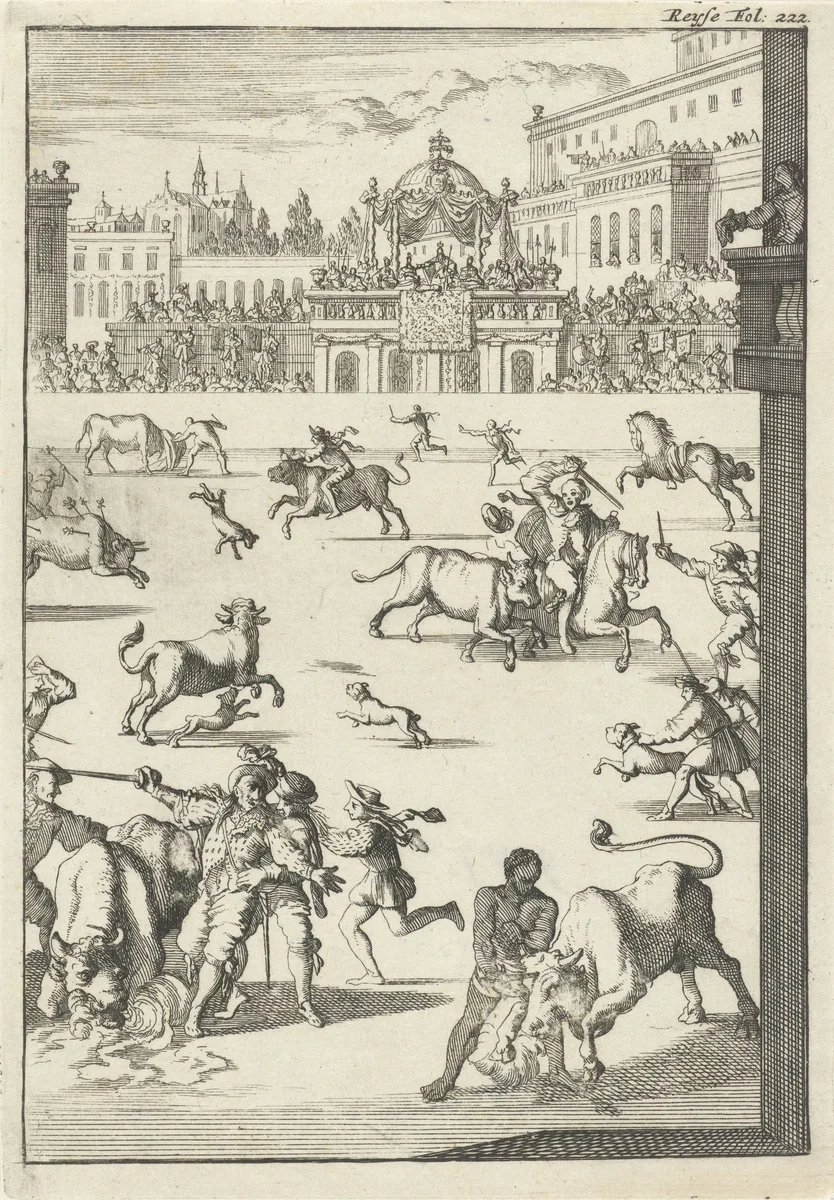 Stierengevecht in een arena by Caspar Luyken, print, 1696