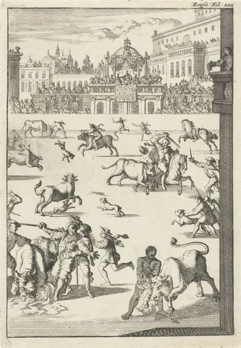 Stierengevecht in een arena by Caspar Luyken, print, 1696