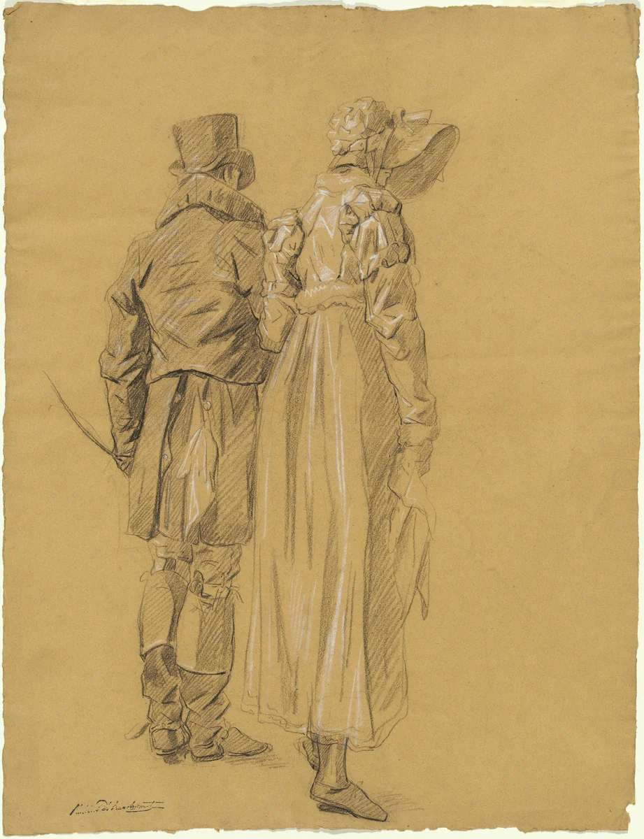 A Fashionable Couple Seen from Behind by Philibert d'Amiens de Ranchicourt, drawing, 1810-1812