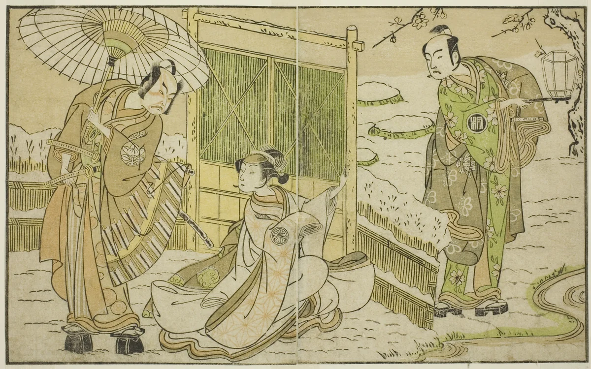 The Actors Arashi Sangoro II as Minamoto no Yoritomo (right), Segawa Kikunojo II as Yuki Onna (center), and Ichimura Uzaemon IX as Kajiwara Genta no Kagetoki, in the Play Myoto-giku Izu no Kisewata, Performed at the Ichimura Theater in the Eleventh Month, 1770 by Katsukawa Shunsho (勝川 春章), print, 1767-1777