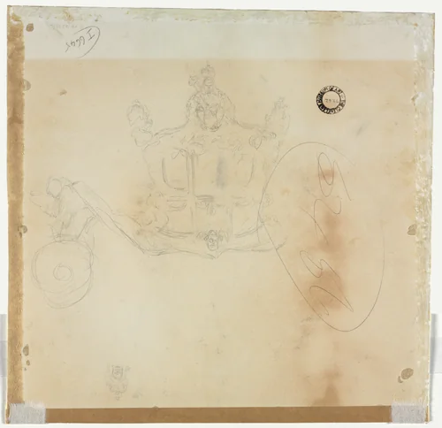 Study for Cab and Front Left Wheel of Coach and Study for Head of Crowned Figure Seated on Top of Coach (verso) by Edward Tennyson Reed, drawing, 1889-1933