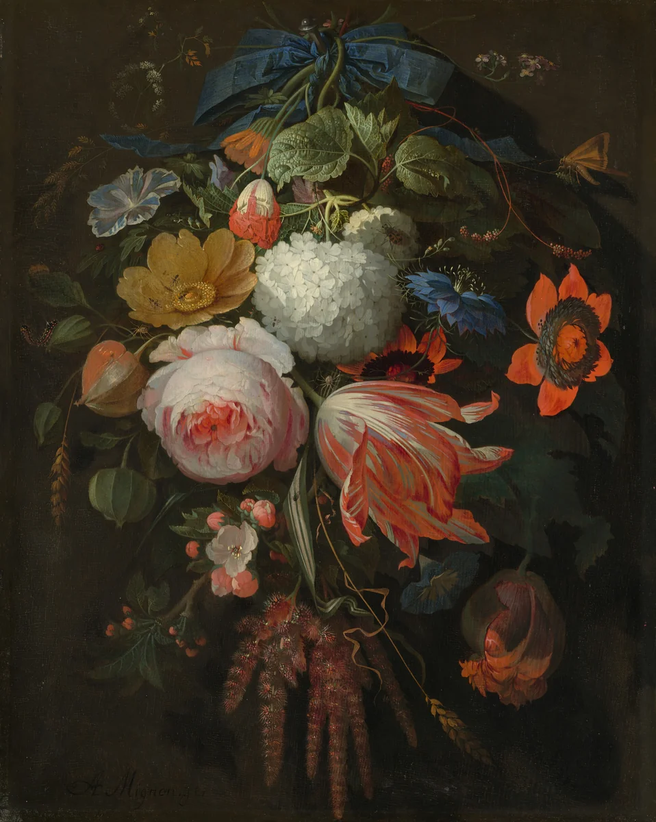 A Hanging Bouquet of Flowers by Abraham Mignon, painting, 1665-1670