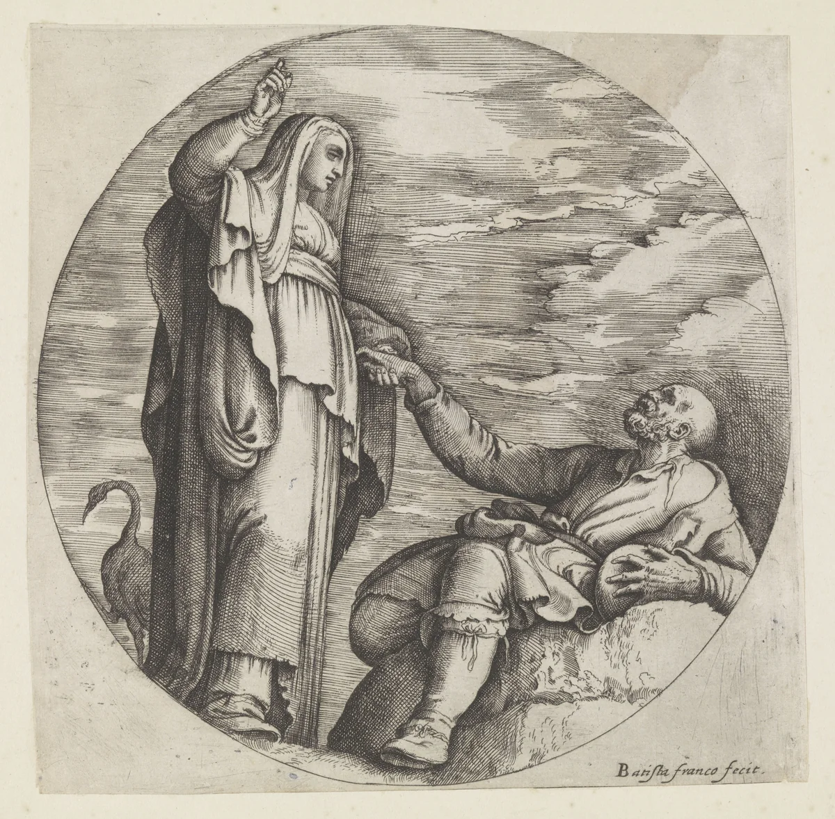 Religie troost een arme oude man by Unknown, print, 1520-1561