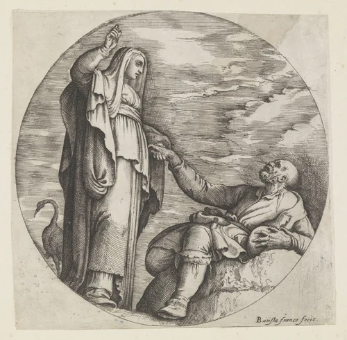 Religie troost een arme oude man by Unknown, print, 1520-1561