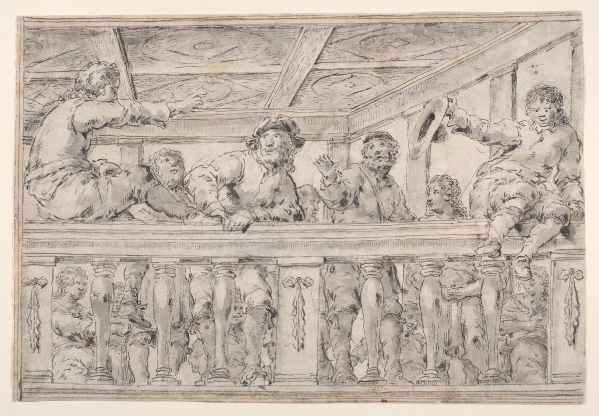 Men on a Balcony (recto); Old Man Pointing to a Book Held by a Boy (verso) by Leonaert Bramer, drawing, 1628-1674