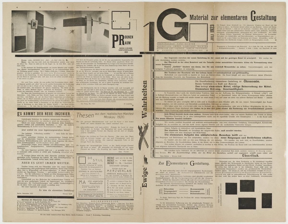 G: Material zur elementaren Gestaltung (Material for Elementary Construction) no.1, July 1923 by Hans Richter
Werner Graeff
El Lissitzky
Ludwig Mies van der Rohe
Frederick Kiesler, design, 1923