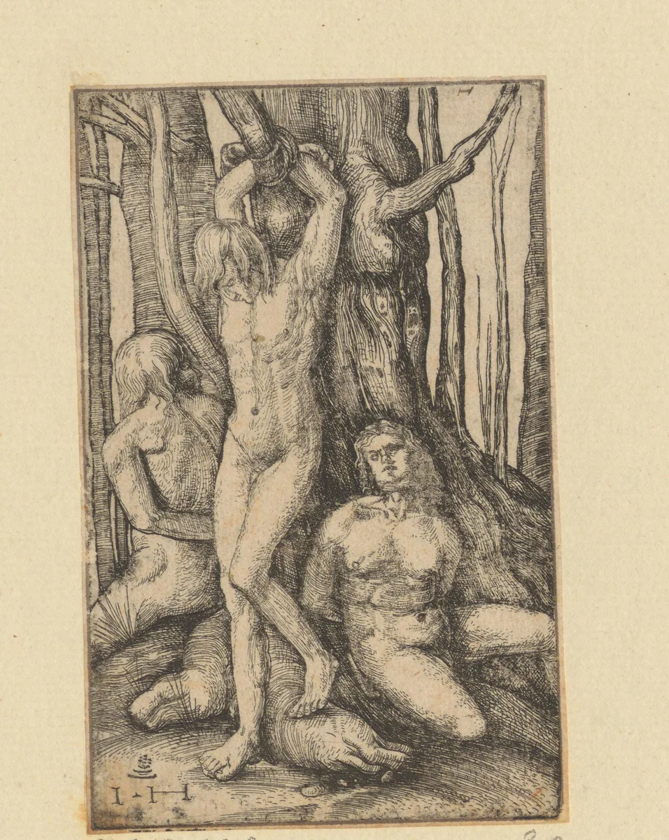 Drie naakte mannen aan een boom gebonden by Unknown, print, 1528-1550