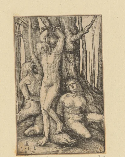 Drie naakte mannen aan een boom gebonden by Unknown, print, 1528-1550