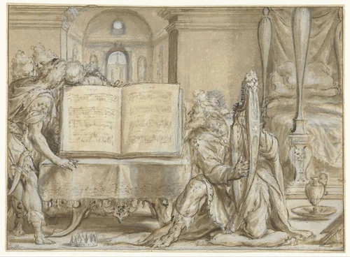 David als psalmist by Dirck Barendsz, drawing, 1570-1592