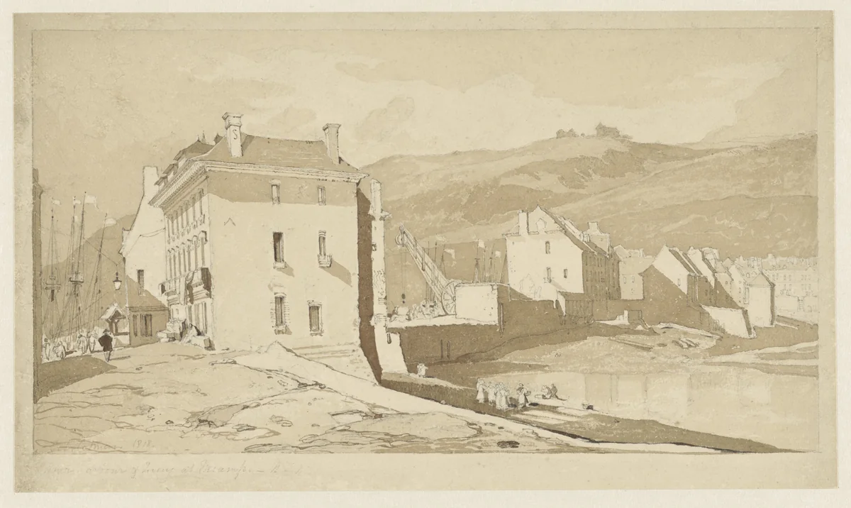 Binnenhaven en kade te Fécamp by John Sell Cotman, drawing, 1818