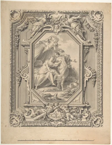 Design for a Sculptured Frame with Garlands and Statues and a Painting of Two Human Figures with Puttis inside the Frame. by Carlo Borrelli, drawing, 1776