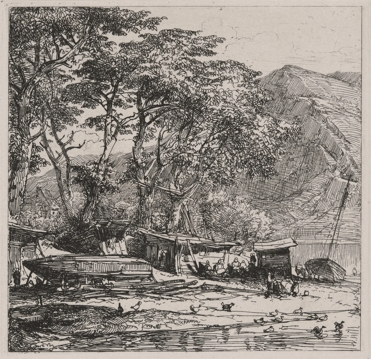 Fishing Village with Boats on the Shore by Caspar Johann Nepomuk Scheuren, print, 1842