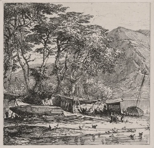 Fishing Village with Boats on the Shore by Caspar Johann Nepomuk Scheuren, print, 1842