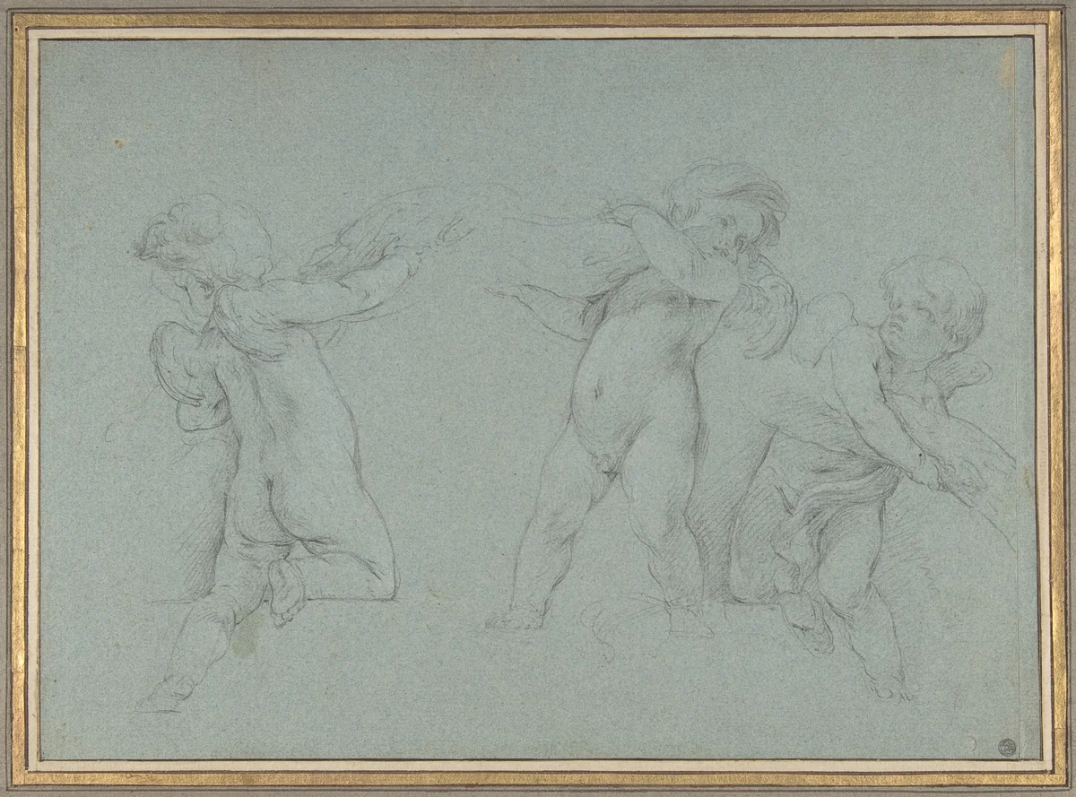 Putti Supporting a Garland by François Le Moyne, drawing, 1700-1737