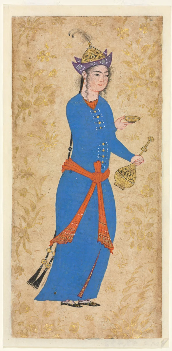 Princess with Wine Bottle and Cup (recto) by Unknown, manuscript, 1500-1600