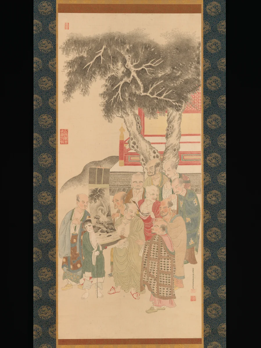 Ten Rakan Examining a Painting of White-Robed Kannon by Katō Nobukiyo, painting, 1788-1792