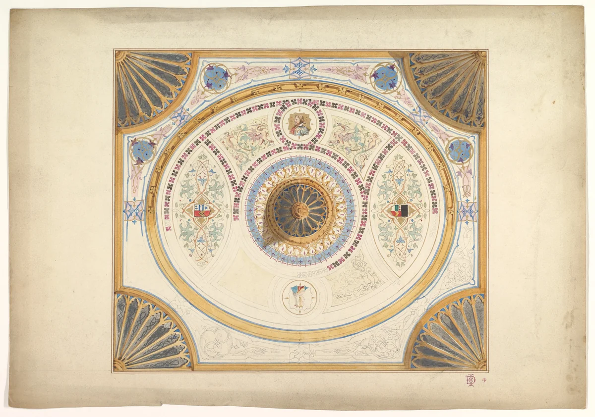 Design for Ceiling with Two Portraits and Fan Supports at Corners by John Gregory Crace, drawing, 1825-1900