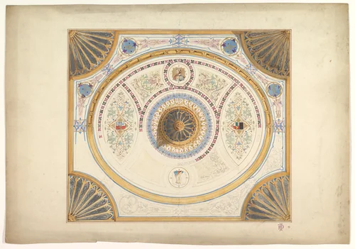 Design for Ceiling with Two Portraits and Fan Supports at Corners by John Gregory Crace, drawing, 1825-1900