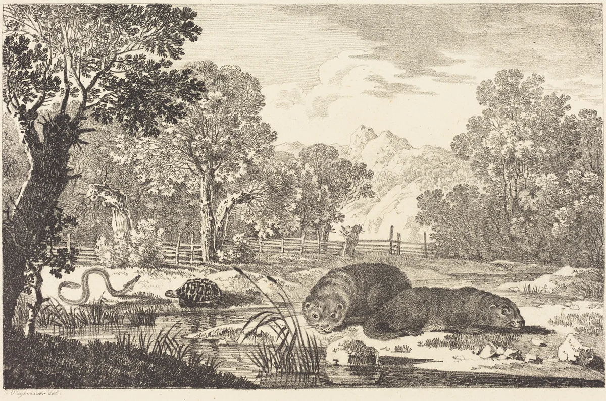 River Landscape with Two Beavers by Max Joseph Wagenbauer, print, 1807