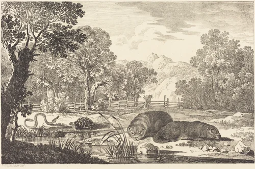River Landscape with Two Beavers by Max Joseph Wagenbauer, print, 1807
