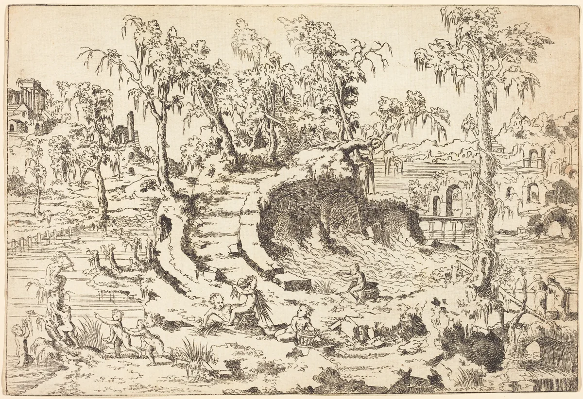 Putti Playing in a Fanciful Landscape by Jean Cousin the Younger, print, 1522-1594