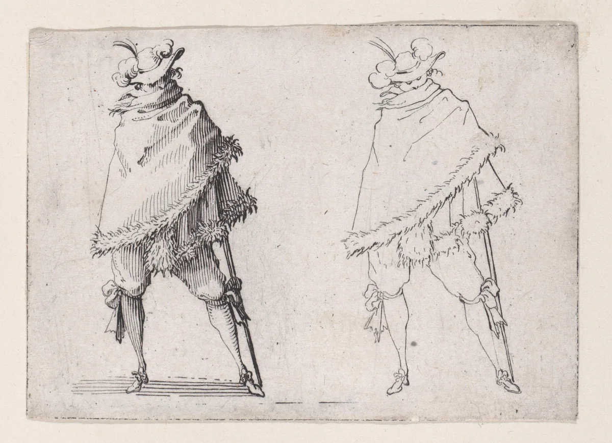 L'Homme Enroulé dans son Manteau (The Man Wrapped in his Mantle), from "Les Caprices" Series A, The Florence Set by Jacques Callot, print, 1617