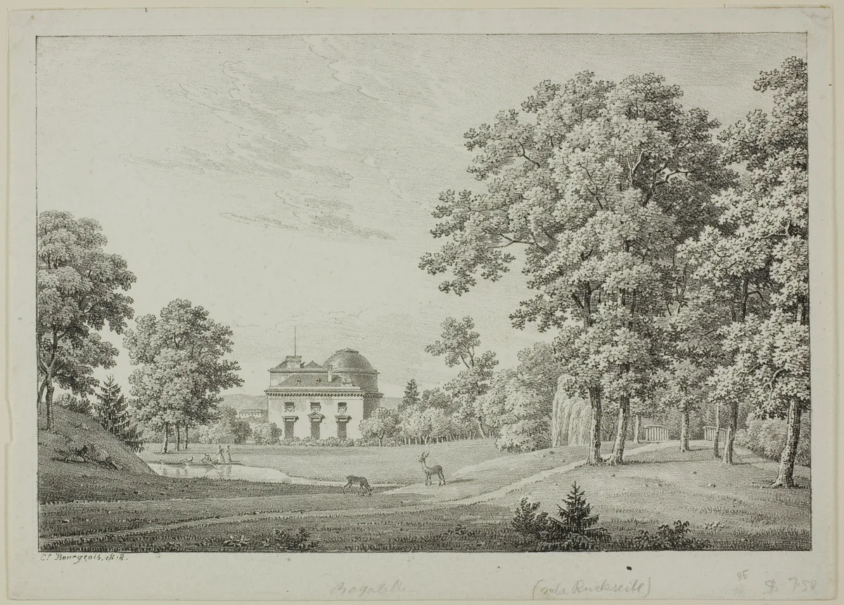 The Château de Bagatelle in the Bois de Boulogne by Constant Bourgeois, print, 1818