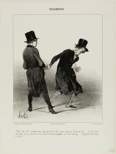 “- How do you know that I am a widower? After twenty years of forced labour, not marriage, I am slowly starting to pull myself together again, and there you are, proposing me a second marriage! Ragoulet, would you please stop holding my hand!,” plate 10 from Vulgarités by Honoré-Victorin Daumier, print, 1841