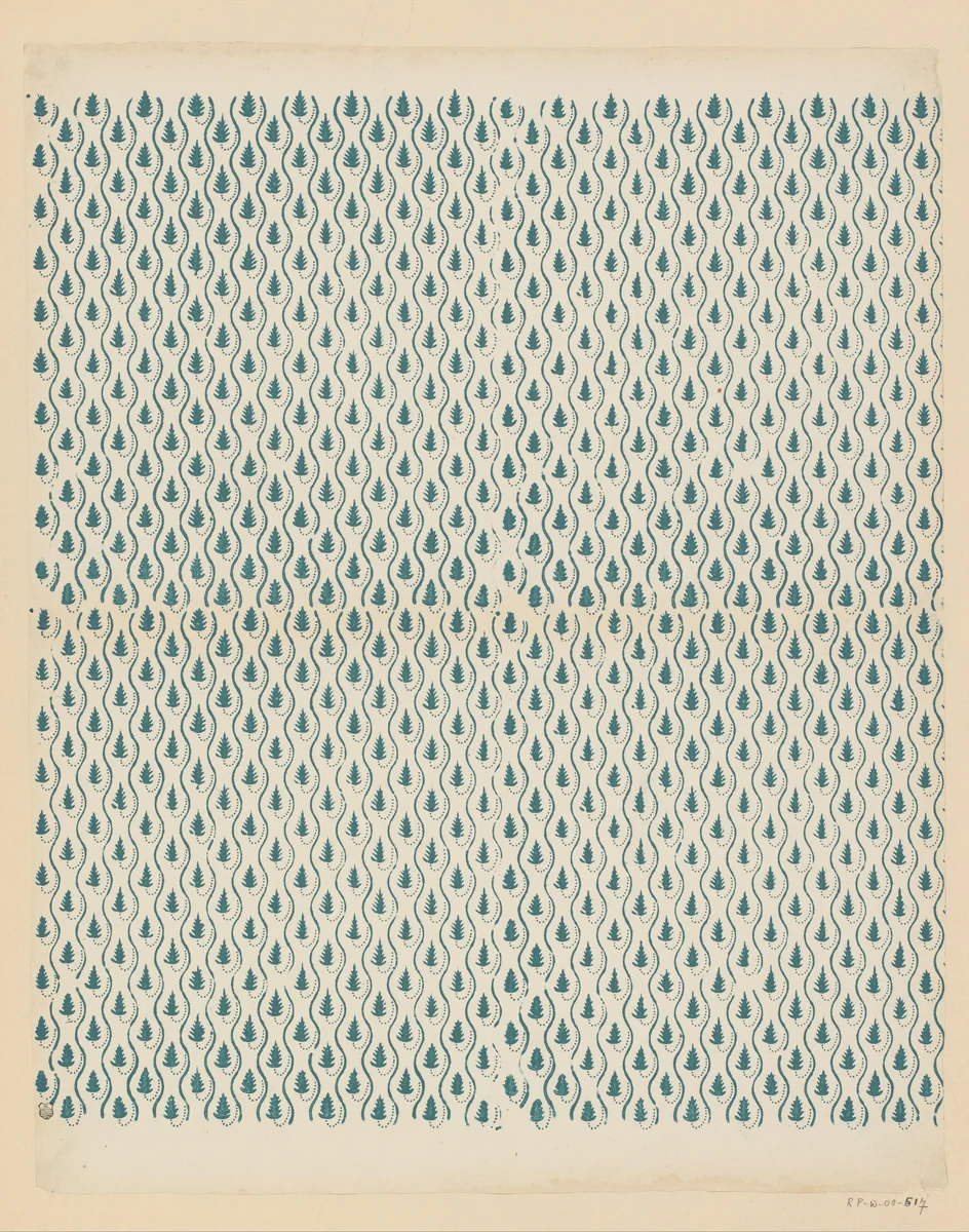 Blad met banenpatroon van bladmotief tussen slingerende lijnen by anonymous, print, 1800-1900