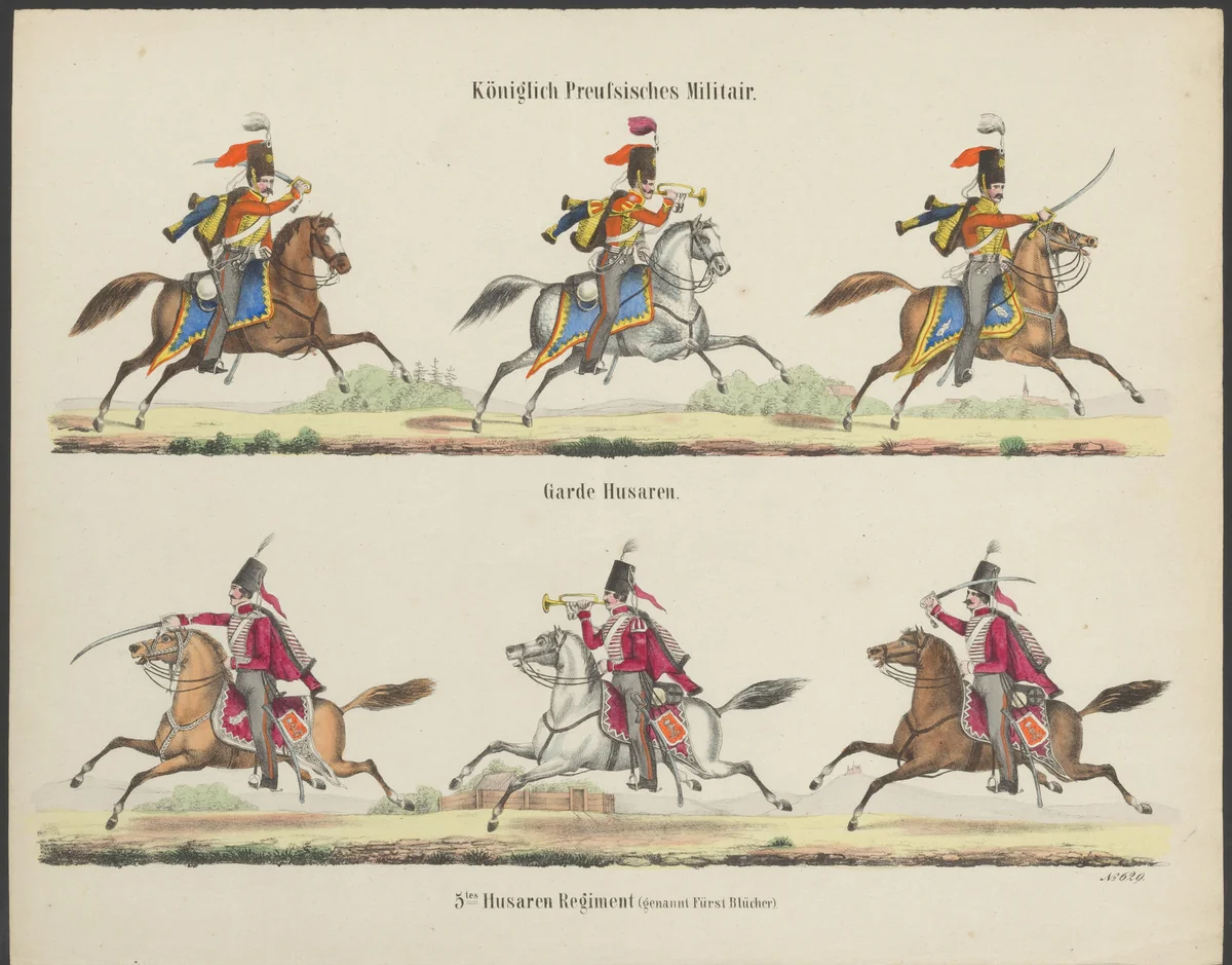 Koninklijke Pruisische militairen en Huzaren by anonymous, print, 1800-1899