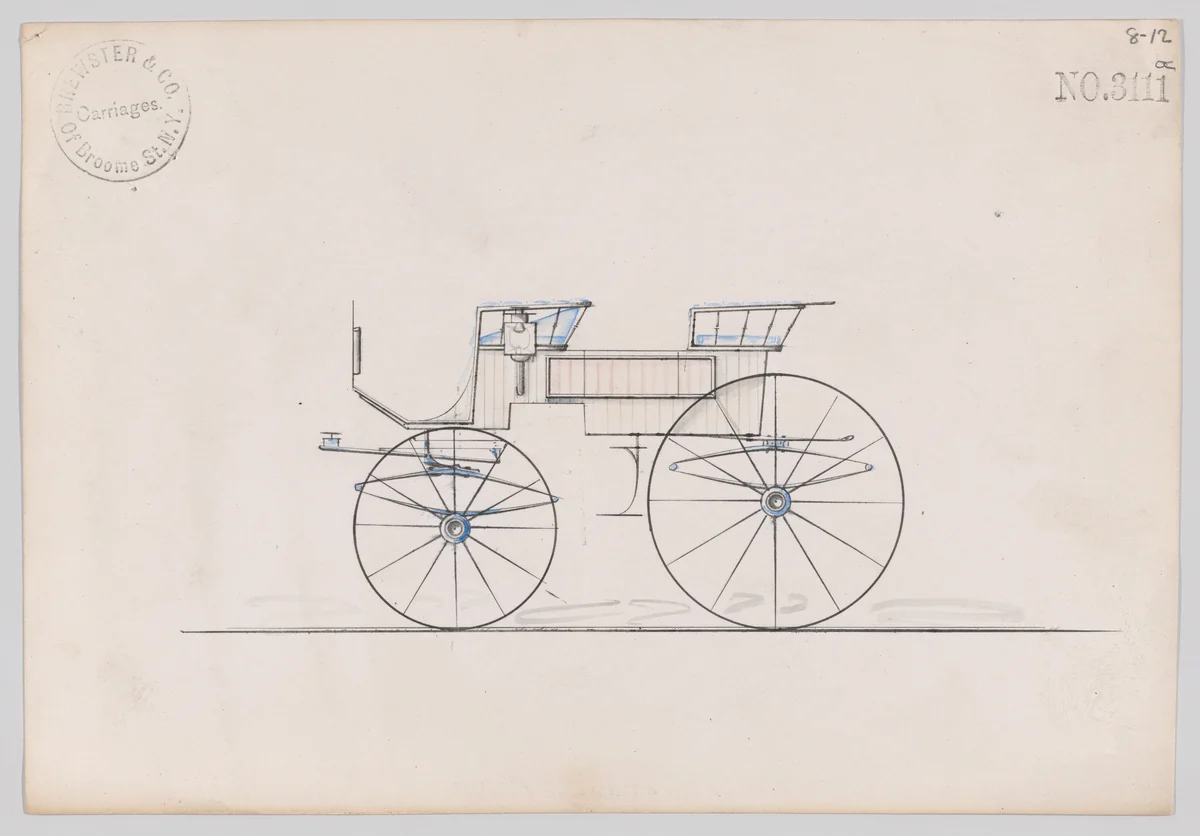 Design for 4 seat Phaeton, no top, no. 3111a by Brewster & Co., drawing, 1875