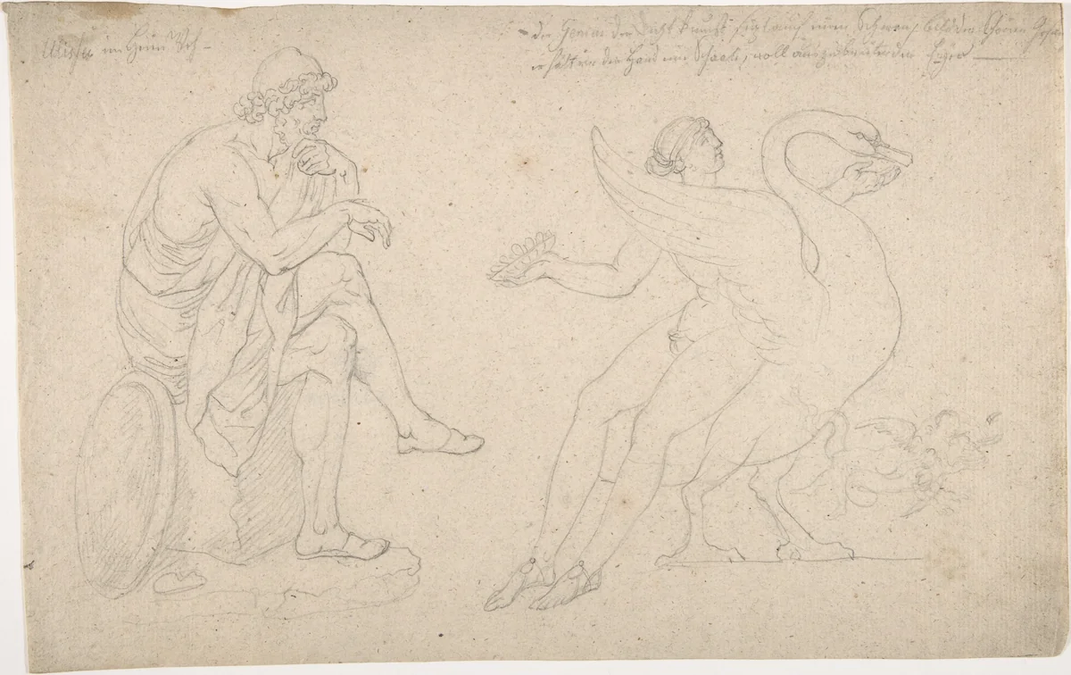 Ornament with Mythic Figures: Ulysses, a youth seated on a swan by anonymous, drawing, 1775-1825