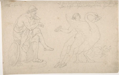 Ornament with Mythic Figures: Ulysses, a youth seated on a swan by anonymous, drawing, 1775-1825