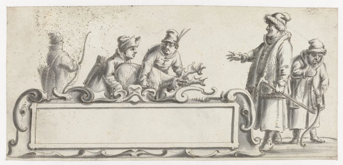 Cartouche met vijf Sami en een geschoten rendier by Pieter Jansz, drawing, 1630-1672