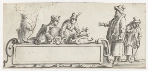 Cartouche met vijf Sami en een geschoten rendier by Pieter Jansz, drawing, 1630-1672