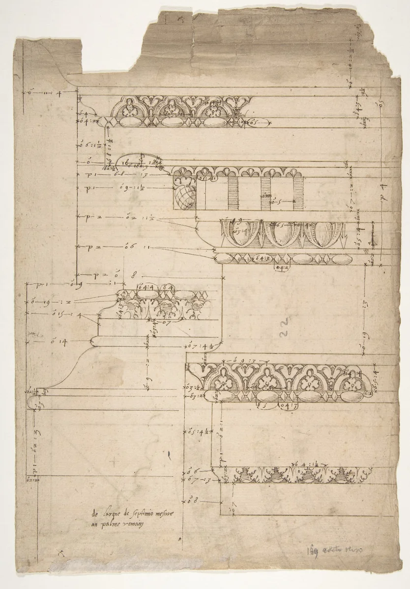 Arch of Septimius Severus, entablature, elevation; attic, base, elevation (recto) Arch of Septimius Severus, archivolt, elevation; impost, elevation; entablature, elevation; column base, elevation; column, plan (verso) by anonymous, drawing, 1500-1560