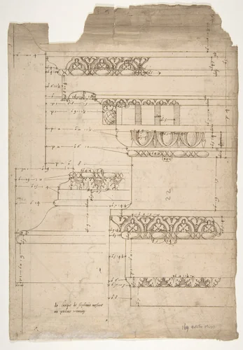 Arch of Septimius Severus, entablature, elevation; attic, base, elevation (recto) Arch of Septimius Severus, archivolt, elevation; impost, elevation; entablature, elevation; column base, elevation; column, plan (verso) by anonymous, drawing, 1500-1560