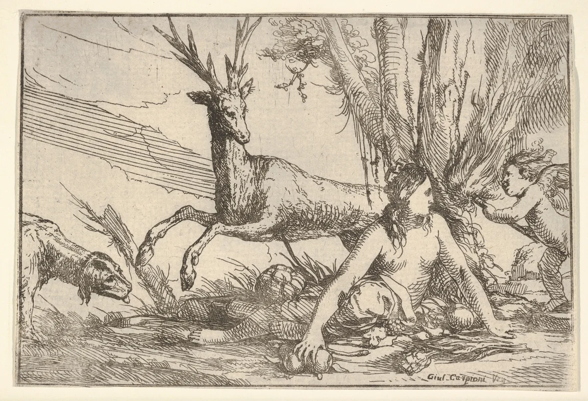 Earth, represented by Cybele seated at the base of a tree with fruits of the earth spread before her, a cupid with a torch approaches from the right, a stag and hound look toward Cybele from the left, from "The Elements" by Giulio Carpioni, print, 1640-1660