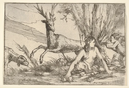 Earth, represented by Cybele seated at the base of a tree with fruits of the earth spread before her, a cupid with a torch approaches from the right, a stag and hound look toward Cybele from the left, from "The Elements" by Giulio Carpioni, print, 1640-1660