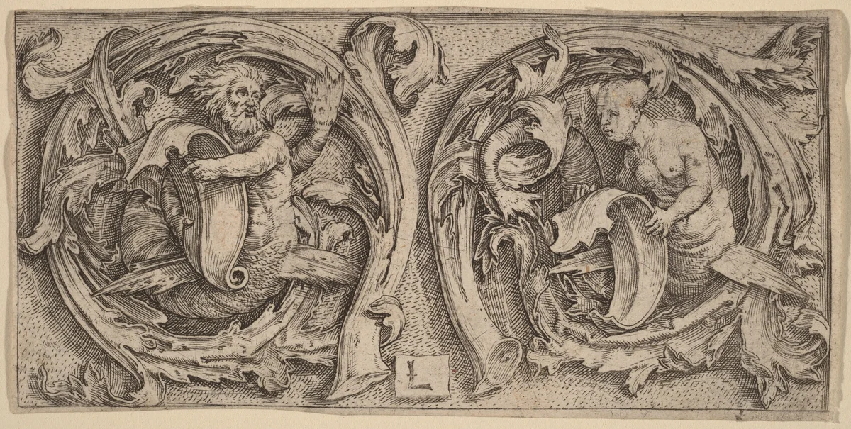Triton and Siren in Tendrils by Lucas van Leyden, print, 1510