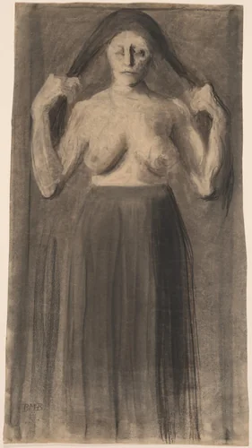 Half-Nude Woman Holding Her Hair Apart by Paula Modersohn-Becker, drawing, 1898