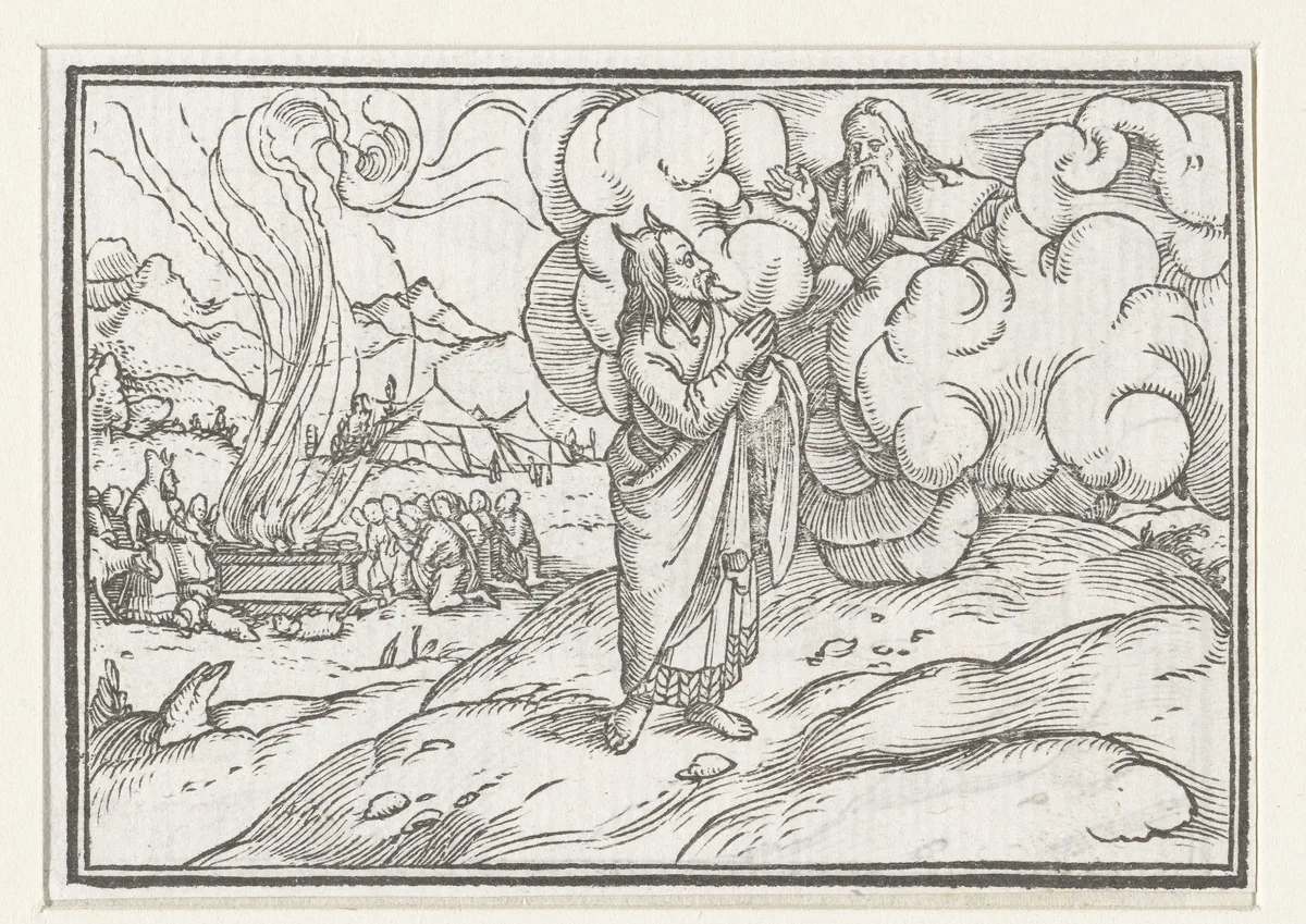 Mozes leert van God hoe de Israëlieten moeten offeren by Hans Holbein, print, 1538
