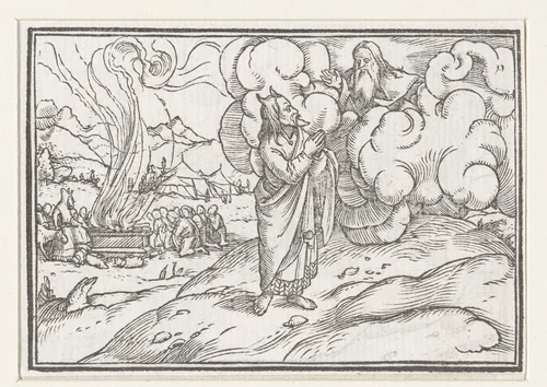 Mozes leert van God hoe de Israëlieten moeten offeren by Hans Holbein, print, 1538