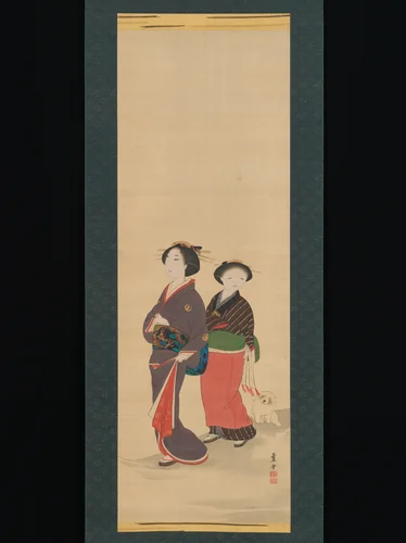 Two Women and a Puppy by Nagasawa Rosetsu (長澤蘆雪), painting, 1787-1788