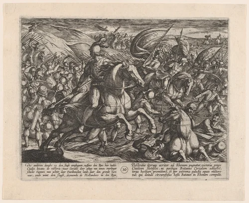 Plate 30: Cerialis Driving the Dutch into the Rhine, from The War of the Romans Against the Batavians by Antonio Tempesta, print, 1611