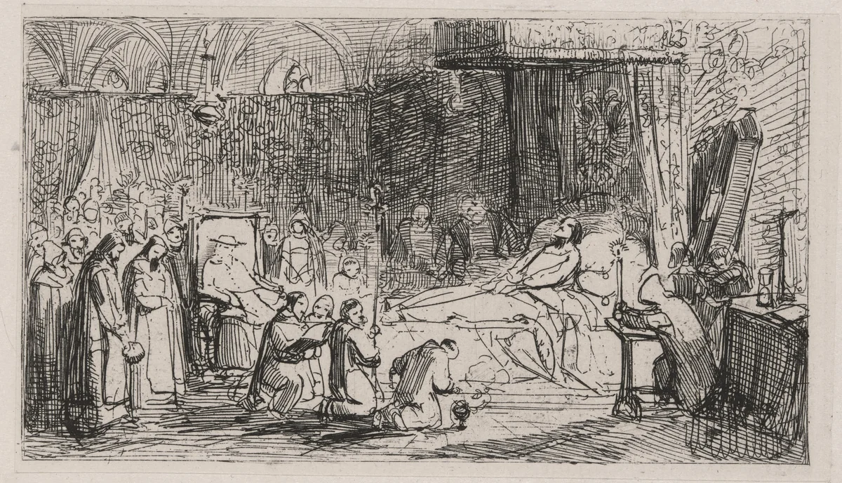 Death of Karl V in the Cloister of Saint Just by Caspar Johann Nepomuk Scheuren, print, 1842