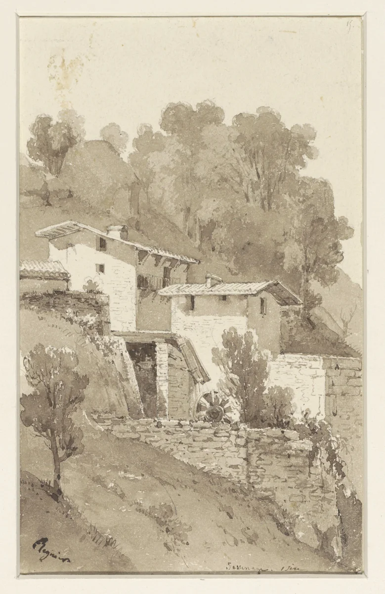 Watermolen tegen een bergrug by A Regnier, drawing, 1832-1842