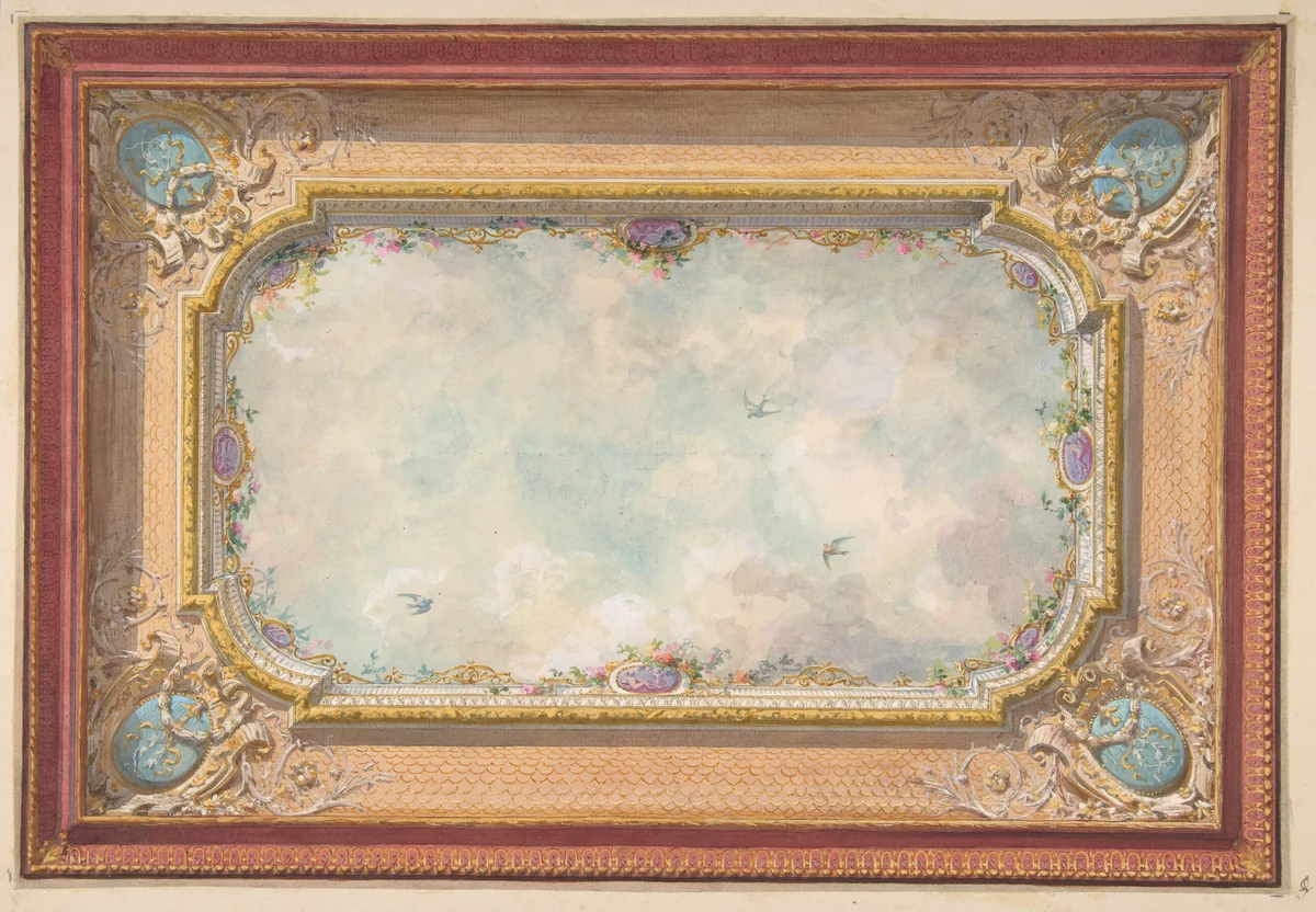 Design for a ceiling with trompe l'oeil sky by Jules-Edmond-Charles Lachaise, drawing, 1850-1900