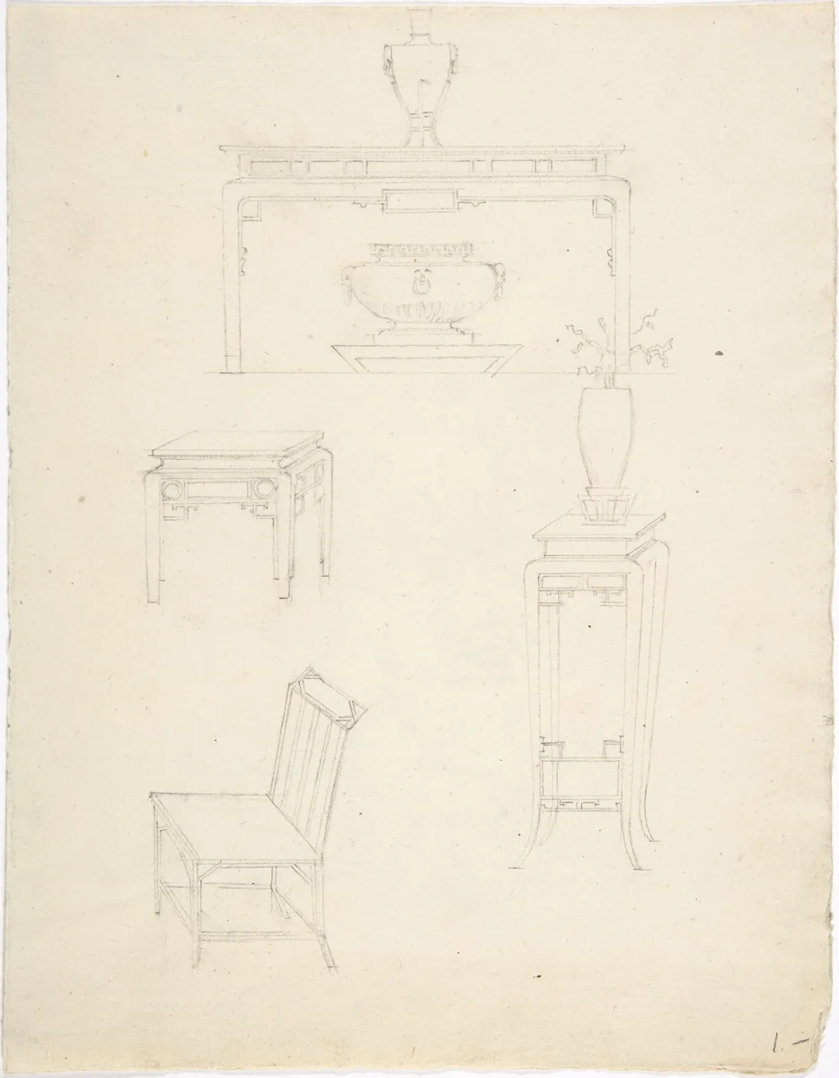 Designs for Chinoiserie Furniture: Three Tables and a Chair by anonymous, drawing, 1795-1805