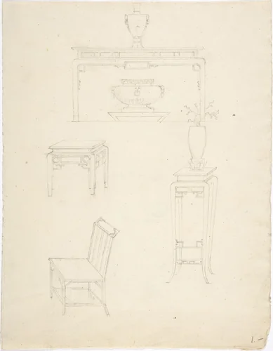 Designs for Chinoiserie Furniture: Three Tables and a Chair by anonymous, drawing, 1795-1805